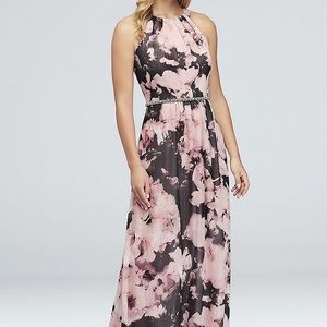 Floral Crinkle Chiffon Sheath with Beaded Waist